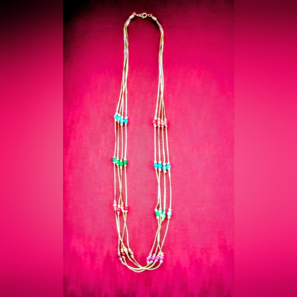 Multicolor(Blue, Green Pink) Beaded Necklace,With 4 Golden Strings,  24" Long